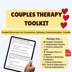 Puede incluir: Un kit de herramientas digital amarillo y blanco para terapia de pareja con el título "Couples Therapy Toolkit" y el subtítulo "Ejercicios guiados para la conexión, la intimidad, la comunicación, el crecimiento". El kit de herramientas incluye ejercicios como "The "What's Under This?" Game" y "Stop-Thought Technique (Relationship Edition)". El kit de herramientas es perfecto para terapeutas de pareja, entrenadores de relaciones, parejas que hacen trabajo personal, internos de terapia y estudiantes, facilitadores de retiros y talleres, educadores de intimidad y supervisores clínicos y organizaciones de capacitación.