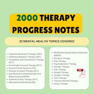 Könnte beinhalten: Eine gelbe und grüne Grafik mit dem Text "2000 THERAPY PROGRESS NOTES" und "20 MENTAL HEALTH TOPICS COVERED". Die Grafik listet 20 verschiedene Arten von Therapie auf, darunter Kognitive Verhaltenstherapie (KVT), Dialektisch-Behaviorale Therapie (DBT), Akzeptanz- und Commitment-Therapie (ACT), Emotionsfokussierte Therapie (EFT), Interne Familiensysteme (IFS), Lösungsorientierte Therapie (SFT), Augenbewegungsdesensibilisierung und -verarbeitung (EMDR), Systemische Familientherapie (SFT), Motivierende Gesprächsführung (MI), Achtsamkeitsbasierte Stressreduktion (MBSR), Narrative Therapie, Spieltherapie, Psychodynamische Therapie, Somatische Therapie, Kindertherapie, Gestalttherapie, Paartherapie, Jugendtherapie, Trauma-Informierte Therapie und Gruppentherapie.