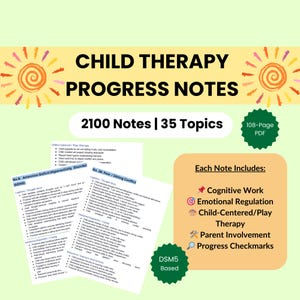 May include: A digital product titled "Child Therapy Progress Notes" with the text "2100 Notes | 35 Topics." The image includes a 108-page PDF and lists topics such as Cognitive Work and Emotional Regulation. The notes are DSM5 based.