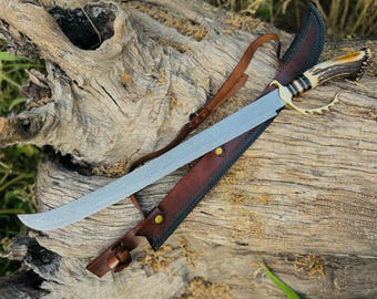 Handmade Damascus Steel Curve Sword: Stag Handle, Leather Sheath