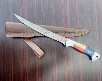 Handmade Damascus Steel Fillet Knife: Exotic Wood & Camel Bone Handle