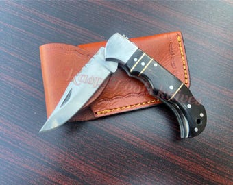 Handmade Stainless Steel Folding Knife: Buffalo Horn Handle, Leather Sheath