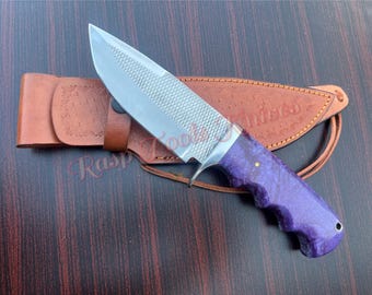 Handmade Cowboy Hunting Knife: Forged Steel Blade, Resin Handle, Leather Sheath