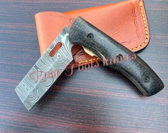 Handmade Damascus Steel Bull Cutter Pocket Knife: Micarta Handle, Leather Sheath