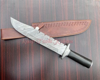 Handmade Damascus Steel Hunting Bowie Knife with Leather Sheath