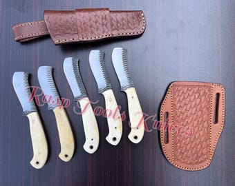 Lot of 5 Antique Hand Forged Steel Bull Cutter Knives with Leather Sheathes