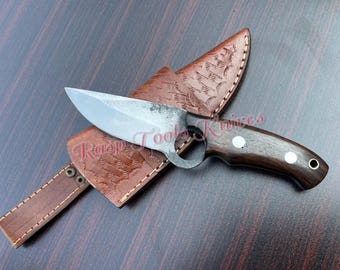 Handmade 1095 Steel Forged Skinner Knife: Rosewood Handle, Leather Sheath