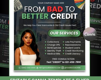 Op de afbeelding: Een groene en witte flyer met de tekst "FROM BAD TO BETTER CREDIT". Het bevat een afbeelding van een vrouw, service-informatie en contactgegevens. De flyer is een bewerkbare Canva-sjabloon.