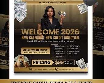 Benvenuto 2026 - Modello di volantino per la riparazione del credito di Capodanno: design Canva modificabile (download digitale)