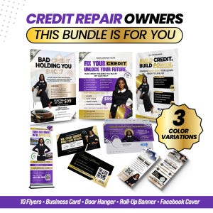 Könnte beinhalten: Ein Werbepaket für Kreditreparatur-Unternehmen, das Flyer, Visitenkarten und ein Roll-up-Banner umfasst. Das Design zeigt eine Frau in einem schwarzen Kleid, mit Text wie "Fix Your Credit" und "Build Credit". Das Paket bietet 3 Farbvarianten.