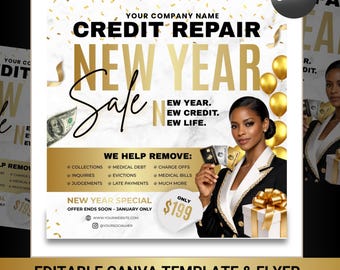 Modello di volantino per la riparazione del credito di Capodanno: design Canva modificabile (download digitale)