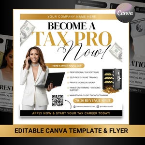 Może przedstawiać: Ulotka promocyjna z tekstem „ZOSTAŃ TERAZ PROFESJONALISTĄ PODATKOWYM!” przedstawia kobietę w białym garniturze trzymającą laptopa i telefon. Ulotka zawiera sejf ze złotymi monetami, banknotami i kodem QR.