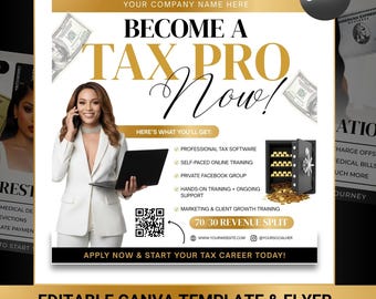 May include: A promotional flyer with the text "BECOME A TAX PRO Now!" features a woman in a white suit holding a laptop and phone. The flyer includes a safe with gold coins, dollar bills, and a QR code. The bottom reads "APPLY NOW & START YOUR TAX CAREER TODAY!"