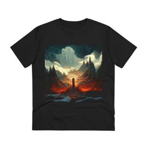 May include: Black t-shirt featuring a graphic print of a landscape with a stone archway and a staircase leading up to it. The landscape is a mix of dark green trees, red and orange fire, and a cloudy sky.