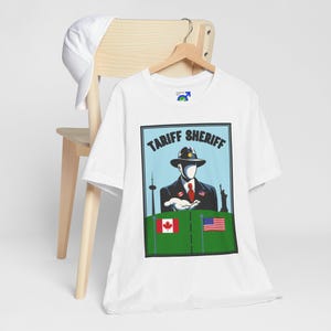 Zabawna koszulka z napisem „Cła Kanada USA”, Statua Wolności CN Tower, Flagi, Koszulka unisex, Patriotyczny prezent, Odzież polityczna, Humor rządowy