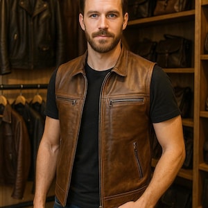 Men&#39;s half-sleeve leather vest, Leather vest for men,Biker leather vest half sleeve, Motorcycle leather vest men, Genuine leather vest