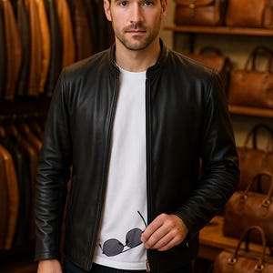 Veste en cuir noire, veste en cuir véritable, veste en cuir noire pour hommes, veste noire classique, veste en cuir slim,
