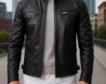 Handmade Slim Fit Lambskin Leather Jacket, Classic Black