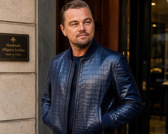 Midnight Sovereign Handmade Alligator Leather Bomber Jacket, Navy Blue Bespoke Style