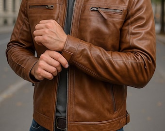 Echtleder Bikerjacke, Herren Cafe Racer Motorradjacke