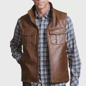 Brown sleeveless leather jacket, men’s leather vest, genuine leather vest for men, western style leather jacket, handmade leather jacket.