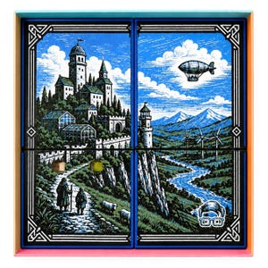 May include: A square box containing four puzzle panels featuring a blue-toned landscape illustration. The scene depicts a castle on a hill, a winding river, wind turbines, a dirigible in the sky, and two figures walking on a path with sheep.