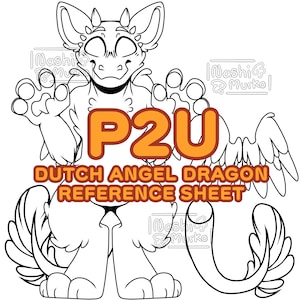May include: Line art of a Dutch Angel Dragon with wings, paws, and a tail. The image includes the text "P2U" in orange, and "DUTCH ANGEL DRAGON REFERENCE SHEET" in orange.
