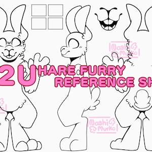 May include: A black and white hare furry reference sheet with three views of the character. The text "P2U HARE FURRY REFERENCE SHEET" is in pink. Additional elements include a mouth and four small squares.