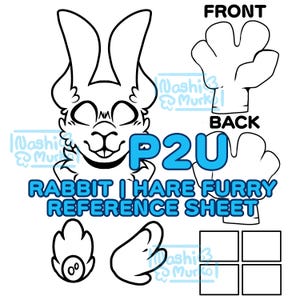 Puede incluir: Una hoja de referencia de conejo peludo en blanco y negro con el texto "P2U RABBIT I HARE FURRY REFERENCE SHEET". La hoja incluye una cabeza de conejo, diseños de patas delanteras y traseras e ilustraciones adicionales de patas y manos.
