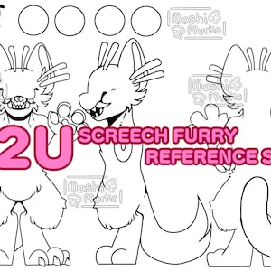 May include: Black and white Screech Furry reference sheet with multiple poses. The image includes a front, side, and back view of a cartoon character with a toothy grin. The text "P2U" and "Screech Furry Reference Sheet" are in pink.