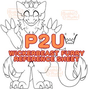 Könnte beinhalten: Schwarz-Weiß-Illustration eines Wickerbeast-Furry-Charakters. Das Bild zeigt eine stilisierte Kreatur mit großen Pfoten, einem kronenartigen Kopfschmuck und dem Text "P2U WICKERBEAST FURRY REFERENCE SHEET" in Orange und Rot.