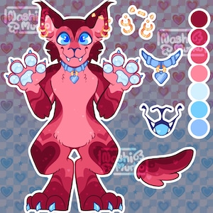 May include: A digital illustration of a cartoon cat-like creature in shades of pink and red, with blue eyes and paw pads. The creature has heart-shaped markings and is adorned with a blue heart pendant. Additional accessories include earrings, a wing, and a mask.