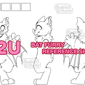 May include: A black and white bat furry reference sheet with three views: front, side, and back. The front view has the text "P2U" in pink. The side view has the text "BAT FURRY REFERENCE SHEET" in pink.