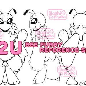 May include: A black and white bee furry reference sheet with three views. The text "P2U" is in pink, and the text "BEE FURRY REFERENCE SHEET" is in pink. The image includes the artist's signature.