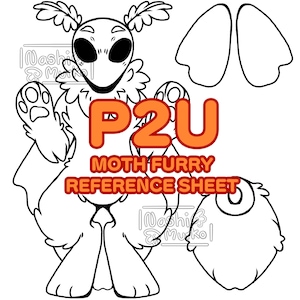 Op de afbeelding: Een zwart-wit mot furry referentieblad met de tekst "P2U MOTH FURRY REFERENCE SHEET". De mot heeft grote ogen, gevederde antennes en een pluizige borst. Extra lichaamsdelen zijn inbegrepen.