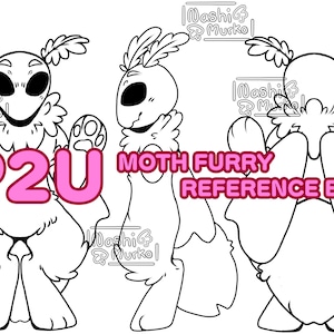 Op de afbeelding: Lijntekening van een mot-achtig furry karakter in drie poses. De afbeelding bevat de tekst "P2U" in roze en "Moth Furry Reference Base" in roze. Het karakter heeft grote ogen, gevederde antennes en een donzige borst.