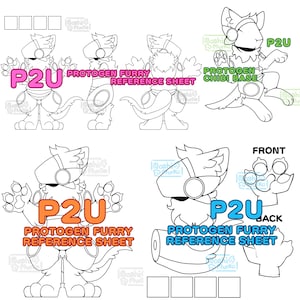 May include: Black and white line art of a Protogen furry reference sheet. The image includes multiple poses, a chibi base, and front and back views. Text includes "P2U" and "Protogen Furry Reference Sheet".