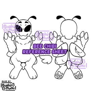 May include: A black and white bee chibi reference sheet. The sheet shows a front and back view of a cartoon bee character with large eyes, antennae, and fluffy details. Text on the sheet reads "BEE CHIBI REFERENCE SHEET".