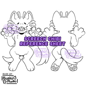 May include: Black and white line art of a Screech Chibi reference sheet. The sheet features a front and back view of a cartoonish creature with large paws, a tail, and the text "Screech Chibi Reference Sheet".