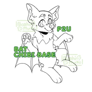 May include: A black and white line art illustration of a cartoon bat in a chibi style. The bat has large eyes, a fluffy chest, and outstretched wings. Text on the image reads "BAT CHIBI BASE" and "P2U".