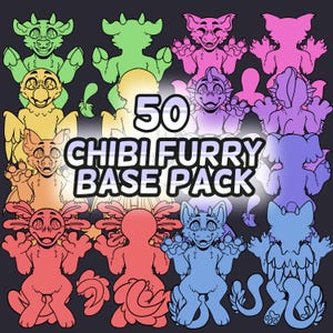 May include: A digital art pack featuring 50 chibi furry base designs in various colors. The image includes a variety of anthropomorphic animal characters with different features and expressions. Text on the image reads "50 Chibi Furry Base Pack."