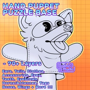 Może przedstawiać: Ilustracja bazy do układanki z kukiełką z motywem kreskówkowego psa. Tekst na obrazku brzmi "HAND PUPPET PUZZLE BASE" i wymienia funkcje takie jak "70+ Layers" oraz opcje dla uszu, ogonów, ubrań i akcesoriów. Tło jest pomarańczowe.