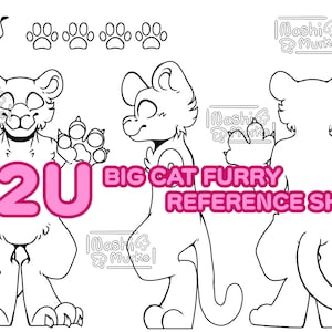 Puede incluir: Una hoja de referencia de Big Cat Furry en blanco y negro. La imagen incluye vistas frontal, lateral y trasera de un personaje de dibujos animados con forma de gato. El texto "P2U" es rosa, y las palabras "BIG CAT FURRY REFERENCE SHEET" son rosas.
