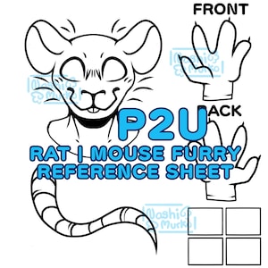 Op de afbeelding: Zwart-wit lijntekening van een rat of muis furry referentieblad. De afbeelding bevat een voor- en achteraanzicht van de poten, de kop en een lange staart. Tekst bevat "P2U" en "RAT | MOUSE FURRY REFERENCE SHEET".
