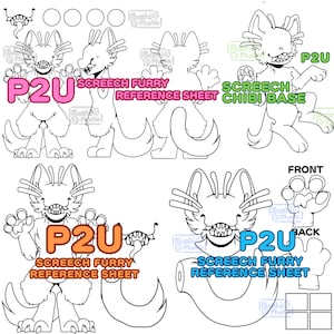 Può includere: Un foglio di riferimento in bianco e nero per un personaggio Screech Furry. Il foglio include più pose, una base chibi e viste anteriori e posteriori. Il testo include "P2U" e "Screech Furry Reference Sheet".