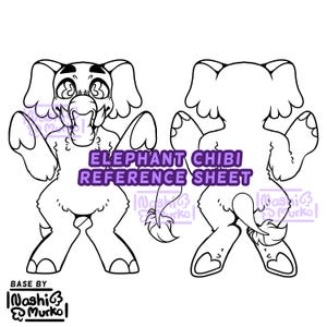 May include: A black and white line art illustration of a chibi elephant reference sheet. The front and back views of the elephant are shown, with the text "ELEPHANT CHIBI REFERENCE SHEET" in a purple rectangle. The base is by Nashi & Murko.