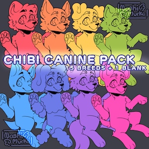 May include: A digital art pack featuring cartoon canine characters in various colors, including red, orange, yellow, green, blue, purple, and pink. The text "CHIBI CANINE PACK" and "15 BREEDS + 1 BLANK" are displayed.