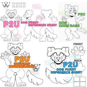 May include: A collection of dog furry reference sheets and a chibi base, all in black and white line art. The sheets include front, back, and side views, with text overlays reading "P2U" and "Dog Furry Reference Sheet".