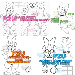 May include: A collection of line art rabbit character reference sheets. The sheets include front, side, and back views of the rabbit characters, along with close-ups of paws and ears. Text includes "P2U Hare Furry Reference Sheet" and "Rabbit Ears Up Furry Reference Sheet".