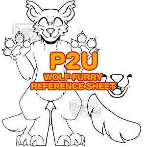 Könnte beinhalten: Schwarz-weiße Strichzeichnung eines Wolf-Furry-Charakters. Das Bild enthält den Text "P2U WOLF FURRY REFERENCE SHEET" in Orange und Braun. Die Figur ist in einer stehenden Pose mit ausgestreckten Pfoten dargestellt.